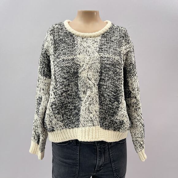 IRO Sweater Women 40 M Black Cream Chunky Cable Knit Wool Alpaca Crop Fisherman - Picture 1 of 10